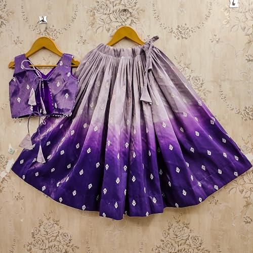 Tejam Kids Girls Latest Tie-Dye Printed Stylish Sleeveless Crop Top With Flared Lehenga Set- Fancy Lehenga Choli For Girls 2 To 8 Years (Jambli, 2-3 Years)