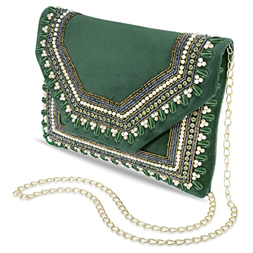 Peora Clutch Women's Purse Bridal Bag For Casual Detachable Strap Evening Sling Bag (Green)-C58GRN