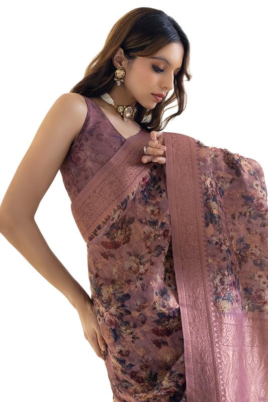 Soch Womens Earth Chanderi Floral Print Saree With Tassels