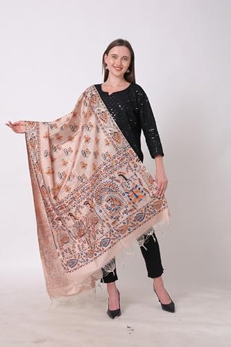 DESI PALETTE Stylish Hand Block Madhubani Printed Tussar Muga Silk Dupatta for Womens & Girls | Lightweight & Comfotable Traditional Dupatta (Golden Blue Orange_2.4 Meters)