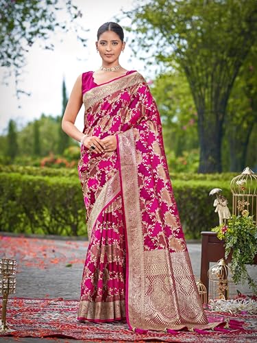 MANOHARI Women's Most Trendy Banarasi Satin Silk Woven Rani Pink Saree With Heavy Jacquard Work Saree With Blouse Piece_MN2047