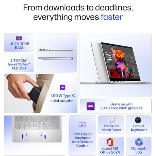 HP OmniBook 3 OLED, Intel Core Ultra 9 285H, 16GB DDR5 (Upgradeable) 1TB SSD, 2K, 16''/40.6cm, 0.2 ms RT, 100% DCI-P3, Win11, Office24, Silver, 1.6kg, bu0273TU, Lighter mini GaN Charger, AI Laptop
