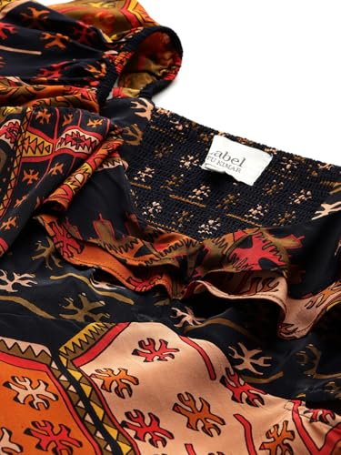 Label RITU KUMAR V Neck Frill Sleeves Printed Long Dress Black