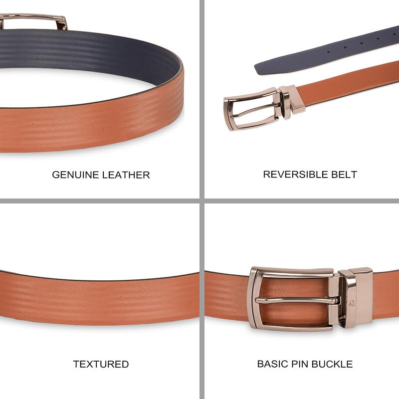 UNITED COLORS OF BENETTON Men Leather Reversible Belt - Tan+Navy, Xl 1.10M | Semi Formal Wearability | Pin Closure | 42-44 Waist Size | Solid Pattern