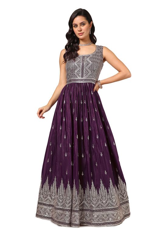 Soch Womens Wine Georgette Blend Embroidered Gown With Sequence Work