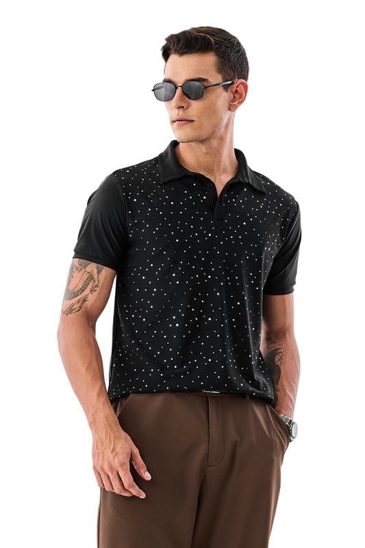 SNITCH Men's Polo T-Shirt | Polka Dot Pattern & Buttoned Closure | Premium Nylon Spandex Blend Fabric, Breathable & Stretchable Material | Casual & Semi-Formal Wear | Black