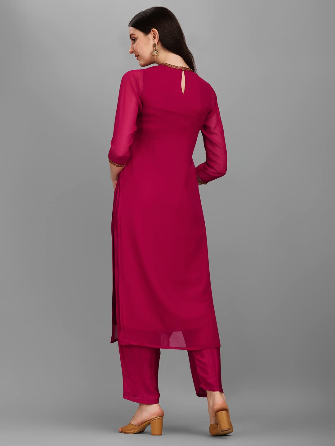 Saanjh Women's Magenta Georgette Embellished Printed Straight Kurta with Bottom