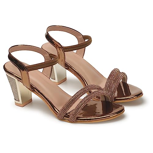 XE Looks Stylish Copper Women's Fashion Sandals | Faux Leather Comfortable and Trendy Slip On Heel | For Wedding Occasion 3 Inches Heel | For Women & Girls