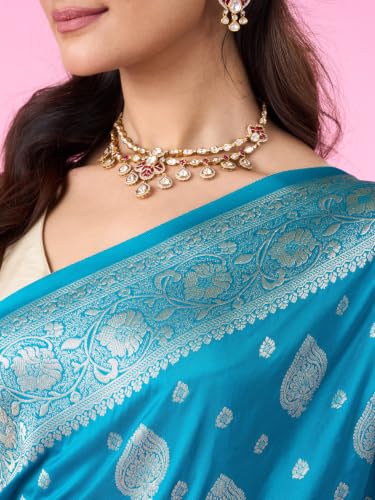 MOHEY Women's Art Silk Woven Saree with Blouse Piece (Teal Blue)