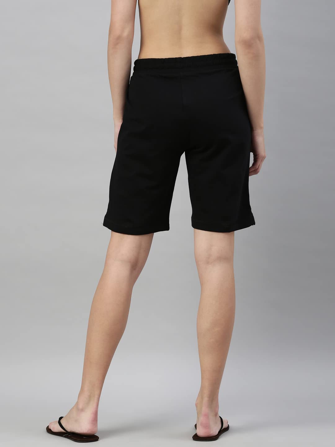 Enamor Essentials Womens Mid Rise Relaxed Fit 100% Cotton Knee Length Shorts Bermuda with Elasticated Waistband and Pockets - E080-(E080_Jet Black_XL)