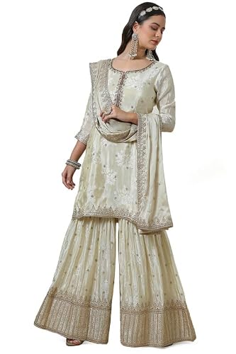 Soch Womens Cream Brocade Sharara Suit Set with Sequins