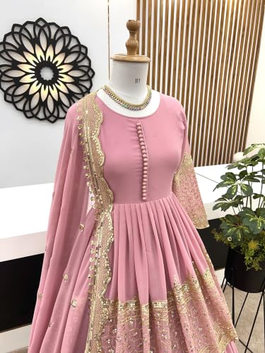 Women's Pink Georgette Tiered Anarkali Gown with Dupatta | Women's Pink Georgette Tiered Anarkali Gown with Dupatta