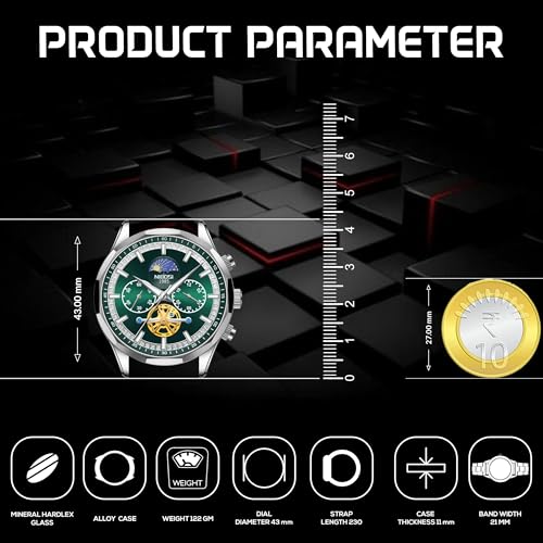 NIBOSI Chronograph Fly Wheel Watch For Men Analog Quartz Dress Diamond Business Stainless Steel Watches Date Luxury Men's Wristwatch|Birthday Gift For Men|Gift For Husband,Brother (Silver-Green)