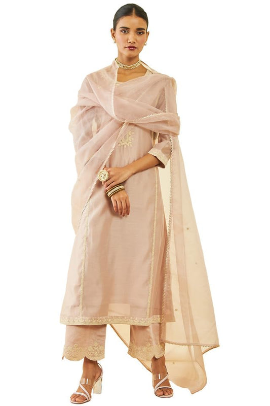 Soch Womens Onion Pink Chanderi Thread Embroidered A-Line Suit Set with Dupatta