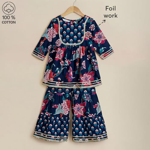 Hoscotch Girls Floral Navy 3/4th Sleeves 2 Piece Tulip Trail Cotton Kurti & Sharara For Ages (5-6 Years)