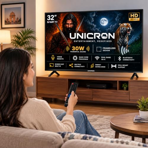 UNICRON 32 Inch Frameless Smart LED TV | Voice Control Android Smart TV | Bluetooth, WiFi, Screen Mirroring | HD Ready Display | HDMI, USB Connectivity | Smart Television for Home | Screen A+ TV