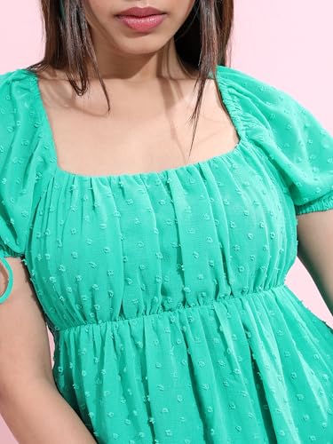 Tokyo Talkies Green Self Design Square Neck Empire Dress