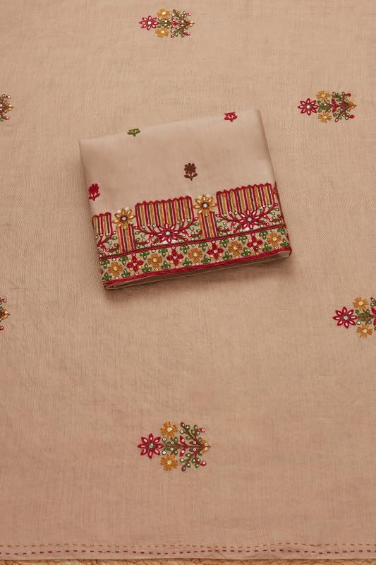 Soch Womens Beige Cotton Blend Embroidered Unstitch Dress Material With Sequins