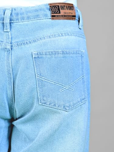 Knit N Knot Girls' Kids Premium Ice, Light Blue Wide Leg Flared Fit Relaxed Loose high Waist Ripped Ruptured Jeans | Casual Festival Occassional wear | Non Stretch | Frayed Bottom | Adjustable Waist
