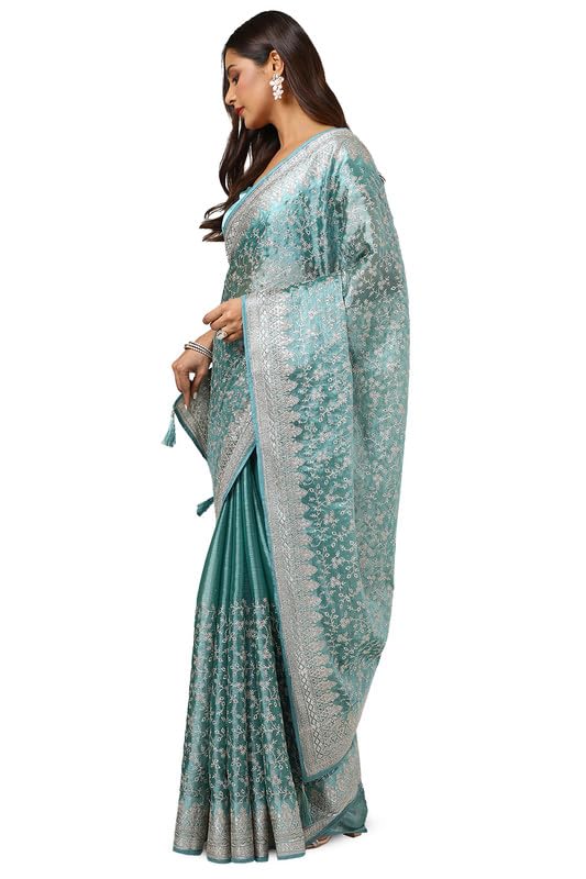 Soch Womens Teal Organza Embroidered Saree With Stone Work