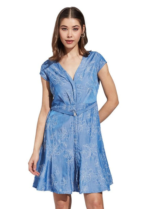 Latin Quarters Women Blue V-Neck Cap Sleeve Printed A-Line Dress_XL