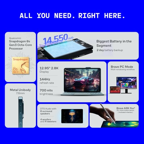Brave Ark 2-in-1 Android PC | Segment's Biggest 14,550mAh Battery | Snapdragon 8s Gen 3 | 12.95" 2.8K 144Hz | DTS Audio 8 Speakers | 12GB RAM 256GB ROM | Brave Ark Pen 20+ Functions | Galactic Blue