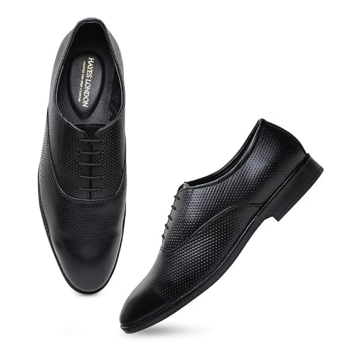 HAYES LONDON Formal Troy Shoes for Men | Black Textured Genuine Leather | Versatile Comfort | Size 8