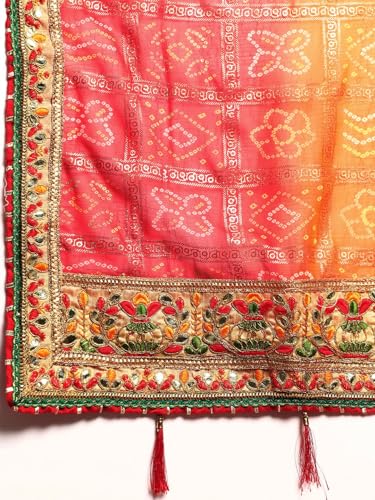 Pandadi Saree Women's Red Marble Georgette Mill Foil Bandhani with Intricate Work Border And Unstitched Blouse Piece