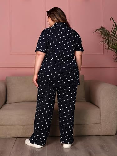 TITTLI Women Pure Cotton Printed Nightsuit | Shirt and Pyjama Set | Short Sleeve Sleepwear | Comfortable Nightwear with Pockets | Travel Nightsuit For Womens