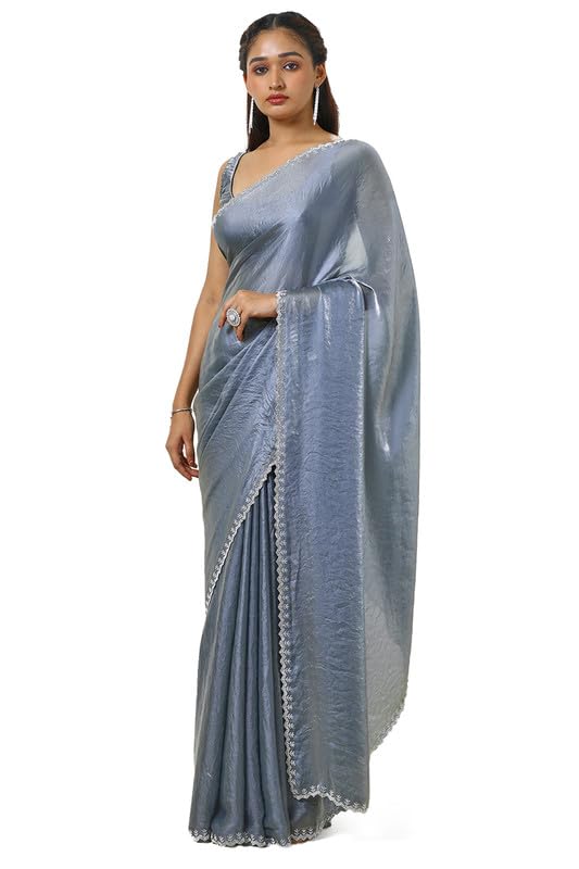 Soch Womens Blue Tissue Saree With Stone Work