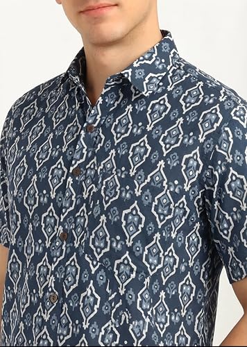 BLOCKS OF INDIA Cotton Hand Block Print Half Sleeves Summer Shirt for Men (Large, Grey JAAL)