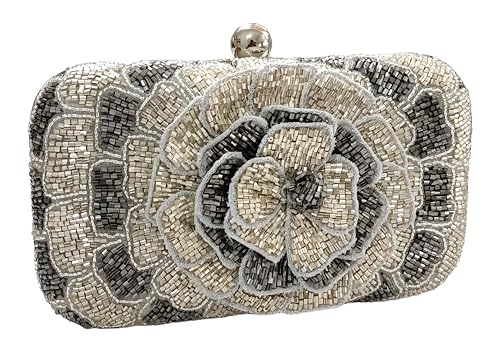 DUCHESS Women's & Girls Embroidered Floral Handle Clutch for Party Wedding (Silver)
