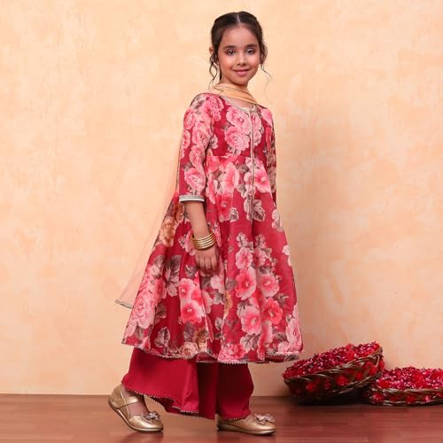 Biba Girls Wine Flared Poly Modal Printed Kurta suit set