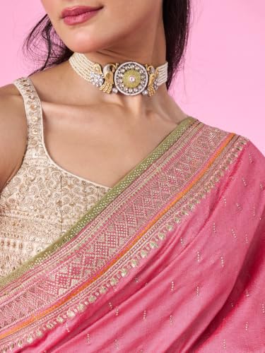 MOHEY Women's Art Silk Stone Work, Thread Work & Zari Saree with Blouse Piece (Pink)