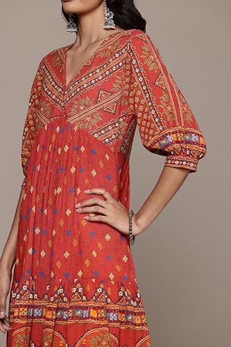 Aarke Ritu Kumar V-Neck 3/4Th Sleeve Printed Dress Rust