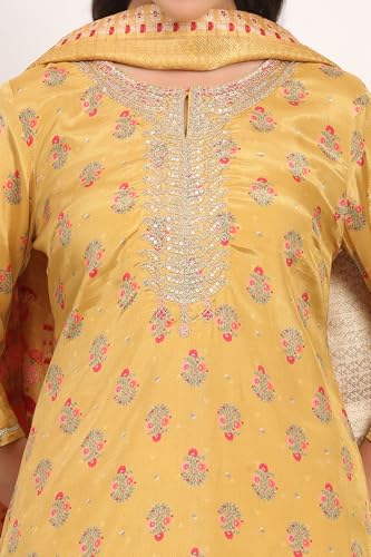 W for Woman Yellow Floral Print Zari Embroidered Straight Shantung Kurta with Sharara and Dupatta Set (WS11769-125062-L)