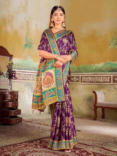 Glory Sarees Women’s Luxurious Dola Satin Pure Silk Original Saree Position Print Work Madhubani Inspired Motifs Banarasi Kanjivaram Style Saree With Blouse Piece (Elegant106_Purple)