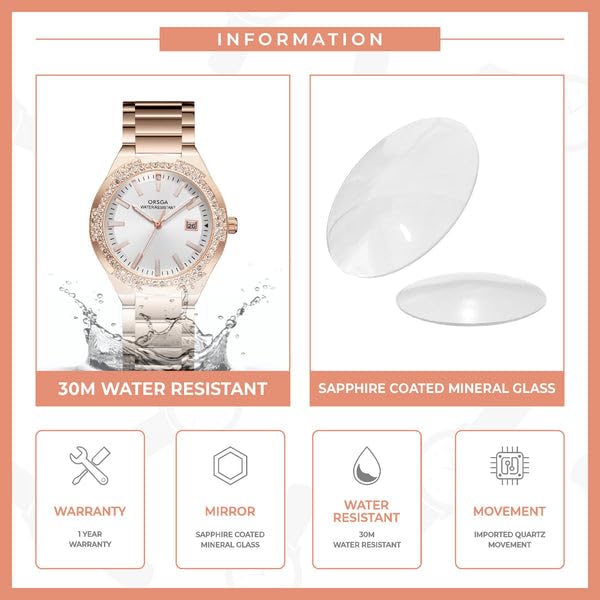 ORSGA Virtue Watches for Women Elegant Analogue Ladies Watches White Dial and Golden Stainless Steel Strap Diamond Wrist Watch Luminous Waterproof Minimalist Quartz Female Watches, Womens Gifts