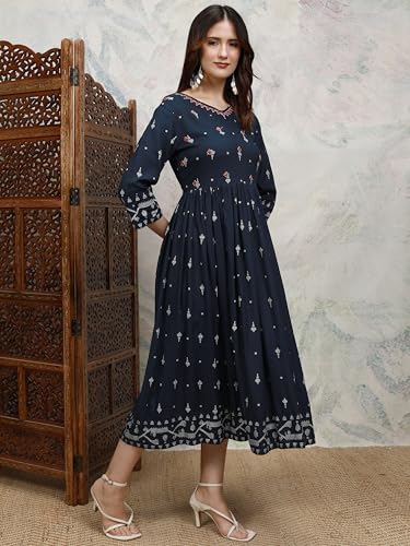 Vishudh Women 3/4 Sleeve V-Neck Dress VPa1000206 Blue M