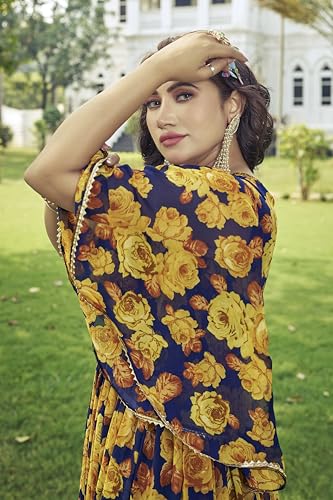 Samprag Georgette Gown for Women | Full Length | Printed | Fit & Flare | Flared & Bell Sleeves | Round Neck | Ethenic Dress | Ideal for Casual, Wedding & Party Occassions | Yellow | M