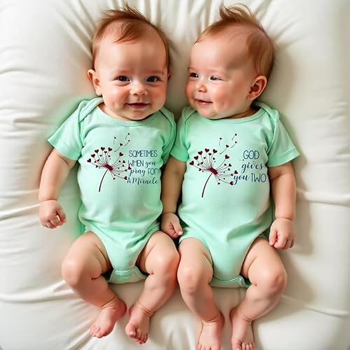 Knitroot Twins Romper, Unisex Baby Kids Twin Onesies, Half Sleeve Bottom Snap Button, Green Cotton Bodysuit, Sleepsuit, Sometimes When You A Pray For A Miracle, 9-12 Months, For Twin Baby Boys & Girls