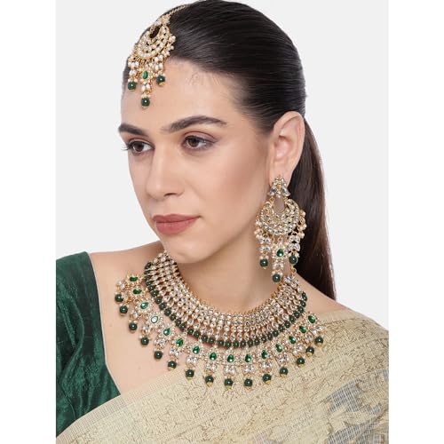 Peora Gold Plated Green Kundan Choker Necklace Earrings Maang Tikka Jewellery Set for Women