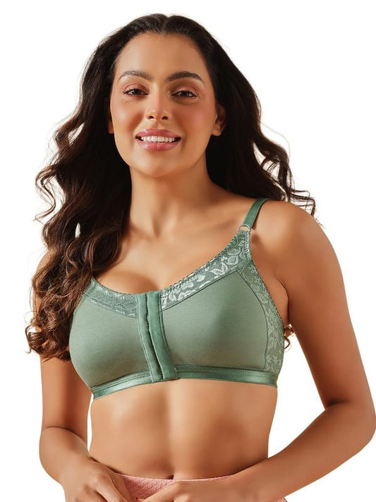 Clovia Women's Cotton Spacer Cup Non-Padded Non-Wire Full Figure Front Open Bra (BR2405P11_36D_Green)