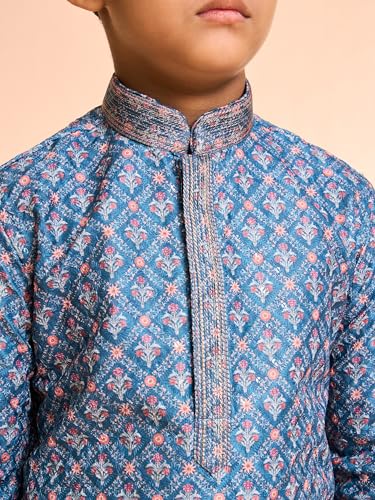 Manyavar Boys Art Silk Printed|Embroidery Kurta Pyjama Set (Teal Blue,5-6Y)