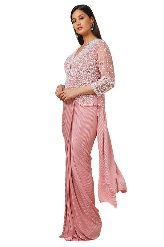 Soch Womens Peach Satin Embellished Ready-To-Wear Saree With Jacket