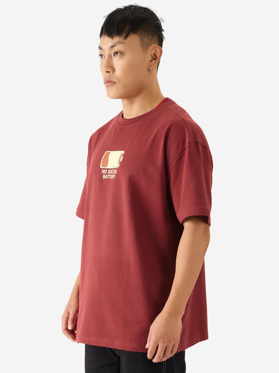 The Souled Store No Social Battery Drop Shoulder Short Sleeve Round Neck Maroon Graphic Printed Cotton Oversized Baggy T-Shirts for Men and Boys