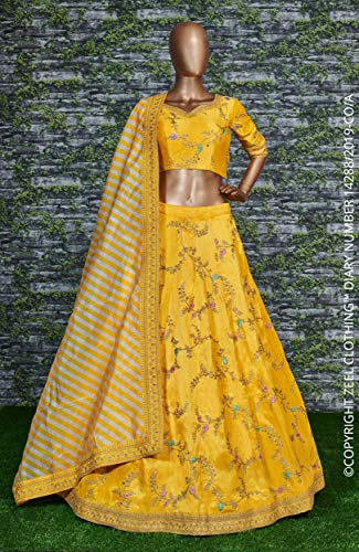 Zeel Clothing Yellow Floral Embroidered Art Silk Semi Stitched Lehenga Choli for Women (7025-Yellow-New-Wedding-Lehenga; Free)