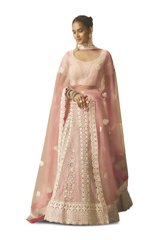 Soch Womens Pink Net All-Over Embroidered Unstitched Lehenga Set with Stonework