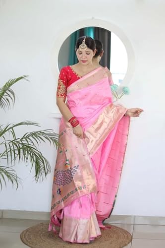 Panzora Woman's Pure Banarasi Paithani Silk Saree With Brocket Blouse Piece