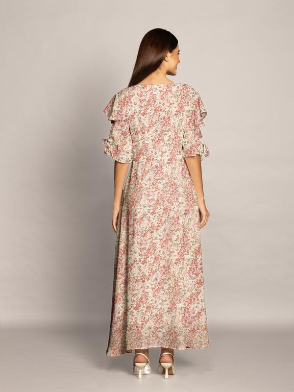 Zink London Women's Beige Floral Print Flared Maxi Dress